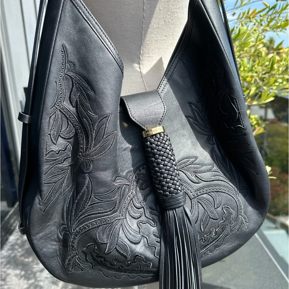 Shanghai Tang Black Leather Hobo Bag - Picture 2 of 14